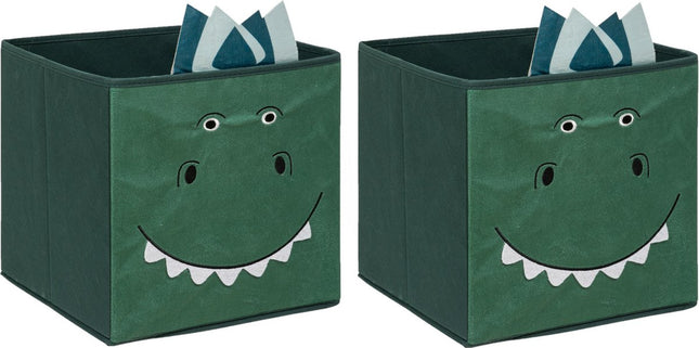Atmosphera Opbergmand/kastmand dino - 2x - voor kinderen - karton/kunststof - groen - 30 x 30 cm