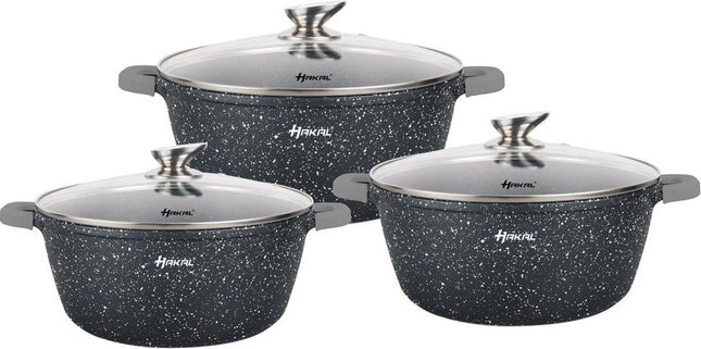 Hakal premium Pannenset - Kookpannen Braadpan Inductie 6-delig - Anti-aanbaklaag - koudgrepen Ø 20, 24 & 28 cm - Zwart dots