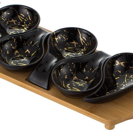 Tapasplank met Schaaltjes - Serveerplank - Borrelplank met 6 porselein schaaltjes Marmerlook - zwart