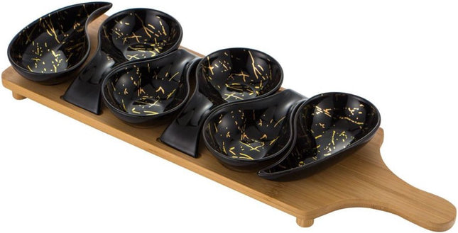 Tapasplank met Schaaltjes - Serveerplank - Borrelplank met 6 porselein schaaltjes Marmerlook - zwart