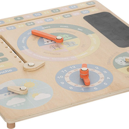 Houten leerklok en kalender - Franstalige versie - Leer dagen, maanden, weer en tijd - 29,5 × 29,5 cm