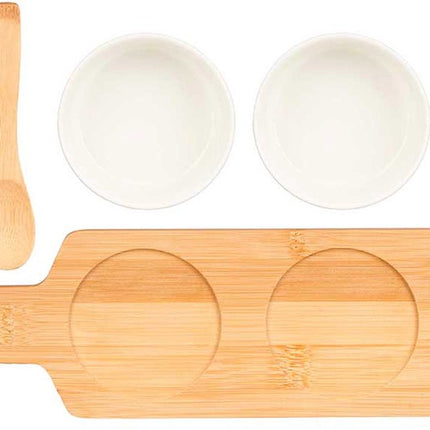Kinvara Serveerplank set schaaltje/kommetje - 7 delig - porselein/bamboe - 3 lepeltjes - borrelen