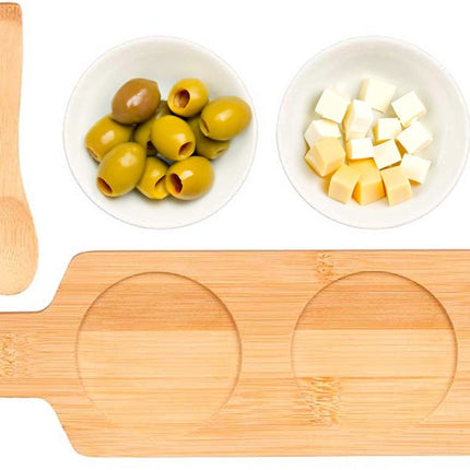 Kinvara Serveerplank set schaaltje/kommetje - 7 delig - porselein/bamboe - 3 lepeltjes - borrelen