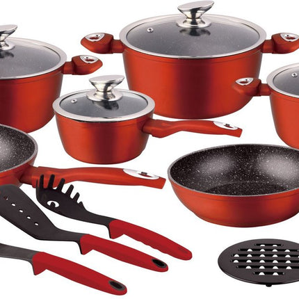 Pannenset 15 delig - Marmeren coating - Hapjespan - Kookpan - Marmeren coating -  Met glazen deksels - Rood