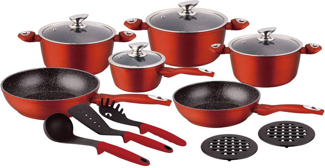 Pannenset 15 delig - Marmeren coating - Hapjespan - Kookpan - Marmeren coating -  Met glazen deksels - Rood