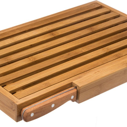 Brood snijplank met kruimel opvangbak 44 x 27 cm van bamboe hout inclusief broodmes - Serveerplank - Broodplank