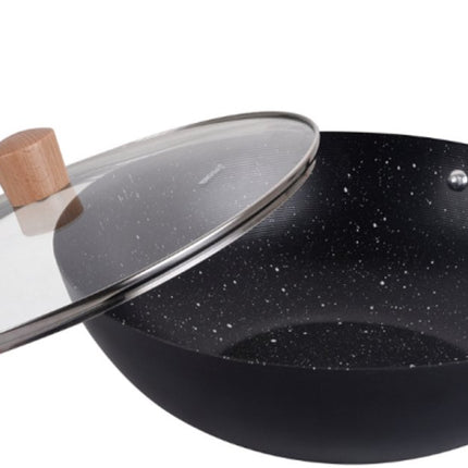 KINGHoff KH1984 Wok Pan 30 cm met Deksel - Roerbakpan voor Aziatisch Koken - Geschikt voor Alle Kookzones inclusief Inductie - Houten Handvat - Antiaanbaklaag