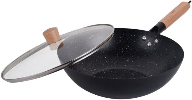 KINGHoff KH1984 Wok Pan 30 cm met Deksel - Roerbakpan voor Aziatisch Koken - Geschikt voor Alle Kookzones inclusief Inductie - Houten Handvat - Antiaanbaklaag