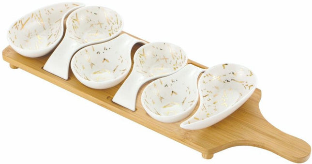 Tapasplank met Schaaltjes - Serveerplank - Borrelplank met 6 porselein schaaltjes Marmerlook - Wit