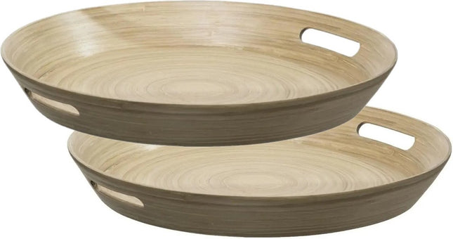2x stuks dienbladen/serveerbladen rond D42 cm bamboe bruin met handvaten - Serveerbladen, dienbladen & keukenbenodigdheden