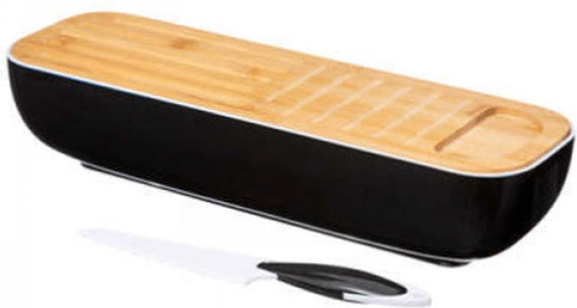 Five® Broodbox bamboe met snijplank en mes  - Zwart - Met deksel
