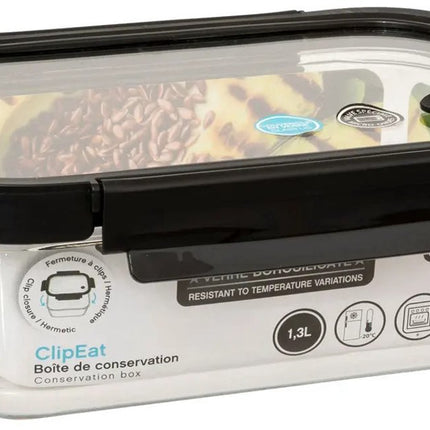 5Five Vershoudbakje met deksel - 3x - glas - luchtdicht - met clips - 23 x 18 x 8 cm - 1300 ml - zwart/transparant