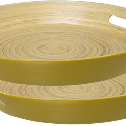 5Five Dienblad/serveerblad rond - 2x stuks - D42 cm - bamboe hout - okergeel - met handvaten - Dienbladen