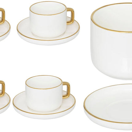 Porseleinen Koffiekop en Schotel 25 cl - Wit met Goudkleurige Rand - Luxe Design - Set van 6