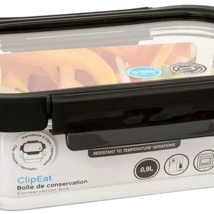 5Five Vershoudbakje met deksel - 2x - glas - luchtdicht - met clips - 21 x 17 x 7 cm - 900 ml - zwart/transparant