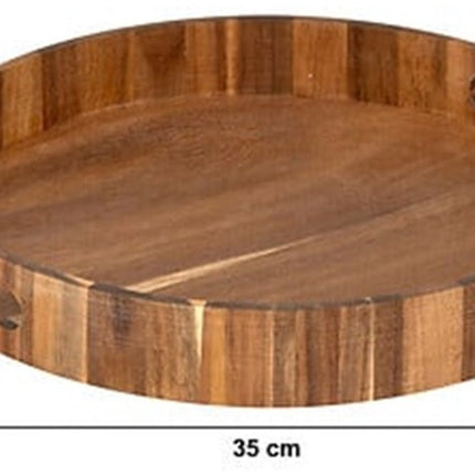5Five Design rond dienblad van acacia hout - 35 x 5 cm - lichtbruin - Hoge opstaande rand - voor glazen en kopjes