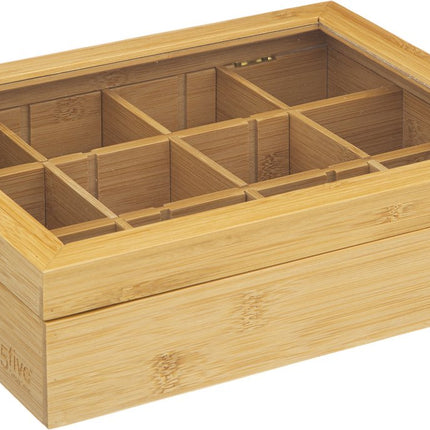 5Five Theedoos/opbergkistje - 12-vaks - Bamboe hout - 23 x 28 x 7 cm - Zelf indeelbaar