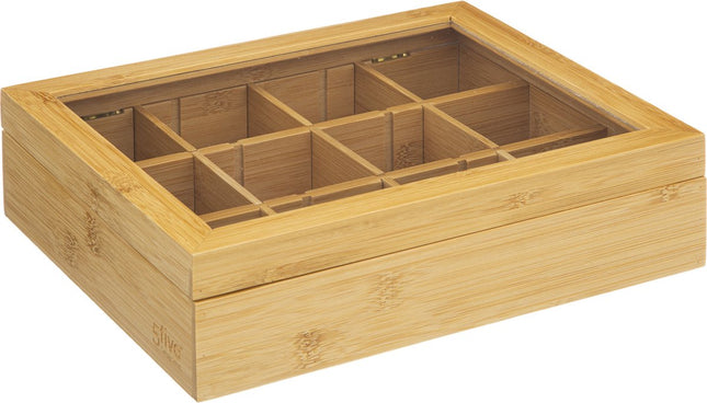 5Five Theedoos/opbergkistje - 12-vaks - Bamboe hout - 23 x 28 x 7 cm - Zelf indeelbaar