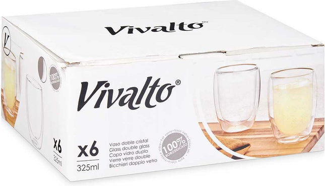 Vivalto dubbelwandige koffieglazen/theeglazen - 6x stuks - Borosilicaat glas - 326 ml