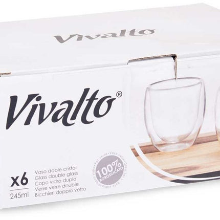 Vivalto dubbelwandige koffieglazen/theeglazen - 6x stuks - Borosilicaat glas - 246 ml