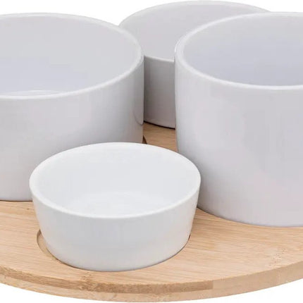 5Five Serveerplank/borrelplank hapjes/saus/tapas - aardewerk - wit - incl. 4x schaaltjes