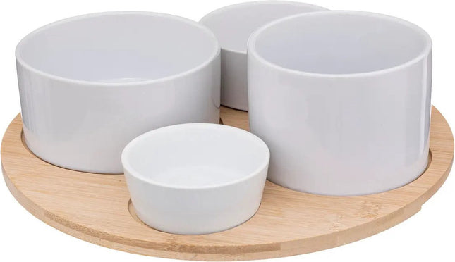 5Five Serveerplank/borrelplank hapjes/saus/tapas - aardewerk - wit - incl. 4x schaaltjes