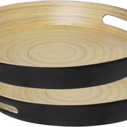 5Five Dienblad/serveerblad rond - 2x stuks - D42 cm - bamboe hout - zwart - met handvaten - Dienbladen