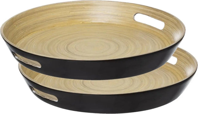 5Five Dienblad/serveerblad rond - 2x stuks - D42 cm - bamboe hout - zwart - met handvaten - Dienbladen