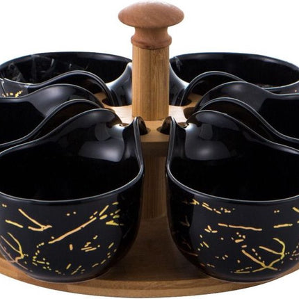 Draaiplateau hout met porselein schaaltjes - Zwart