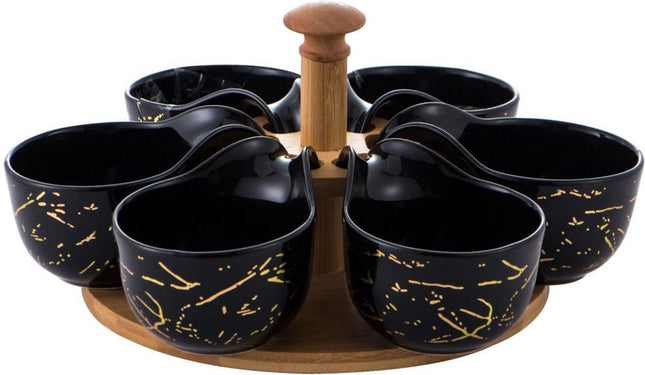 Draaiplateau hout met porselein schaaltjes - Zwart