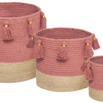 Set van 3 manden met PomPoms | 3 Boho Manden | Natuurlijke manden | Oud roze/Naturel Opbergmanden