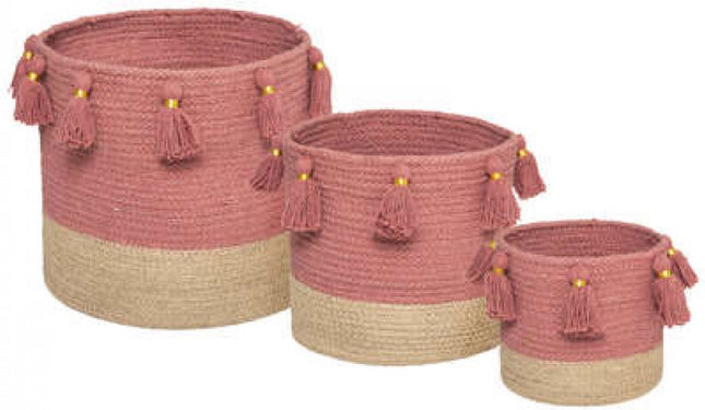 Set van 3 manden met PomPoms | 3 Boho Manden | Natuurlijke manden | Oud roze/Naturel Opbergmanden