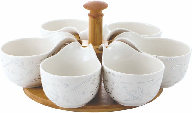 Draaiplateau hout met porselein schaaltjes - wit