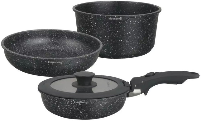 KLAUSBERG - Moderne 5-delige Kookset pannenset met Marmeren Anti-aanbaklaag en Afneembare Handgreep - Geschikt voor Alle Warmtebronnen, Inclusief Inductie
