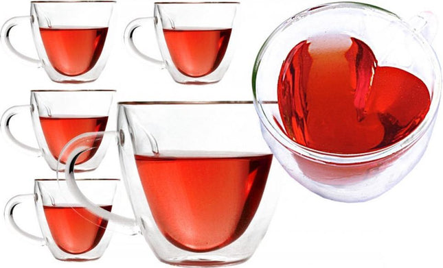 Dubbelwandige Glazen - Set Van 6 - Latte Macchiato - Espresso - Koffieglazen - Koffiekopjes - Theeglazen - Koffieglas -  Hart - Met Handvat -240 ml