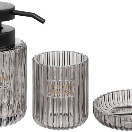 Badkameraccessoires Set van 3 – Grijs Glas – Zeepbakje, Tandenborstelhouder & Zeepdispenser – Modern Design