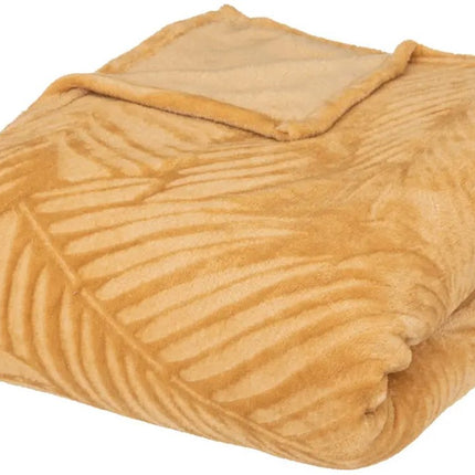 Atmosphera Plaid/bank deken Zoa - okergeel - 180 x 230 cm - polyester fleece - Leafs motief - bedsprei