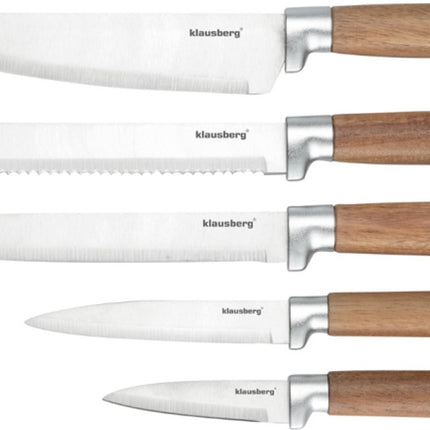 Klausberg KB-7983 6 Delig Messenset - 5 Messen met Acacia Houten Messenblok - Roestvrij Staal Keukenmessen Zwart - o.a. Broodmes , Vleesmes , Koksmes , Groentemes en Messenblok