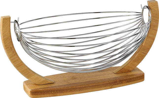 Fruitschaal/fruitmand hangend in voet hout/metaal 36 x 21 x 18 cm - Fruitschalen/fruitmanden - Draadmand van metaal