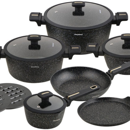 Klausberg Pannen Set 12 Delig - Zwarte Marmer Anti-Aanbaklaag - Geschikt voor Inductie - Inclusief Pannen en Deksels - KB-7966 - Pannenset - Kookset -