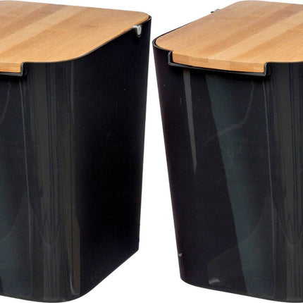 5Five prullenbak/vuilnisbak - 2x stuks - 5 liter - bamboe - zwart/lichtbruin - 24 x 19 cm - badkamer