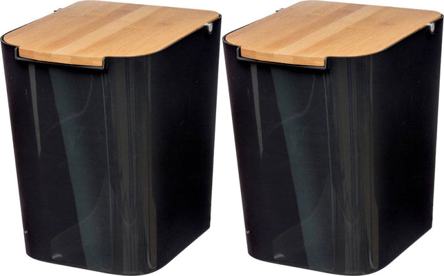 5Five prullenbak/vuilnisbak - 2x stuks - 5 liter - bamboe - zwart/lichtbruin - 24 x 19 cm - badkamer