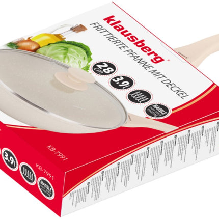Klausberg Wokpan 28 cm met Deksel – Marble Coating – Inductie Geschikt – Diepe Hapjespan 3.9L – Crème – KB-7991
