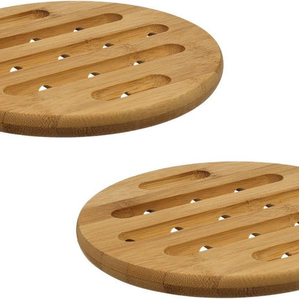 Secret de Gourmet pannen onderzetter - 2x - rond - bruin - D18 cm - van bamboe - Pannenonderzetter