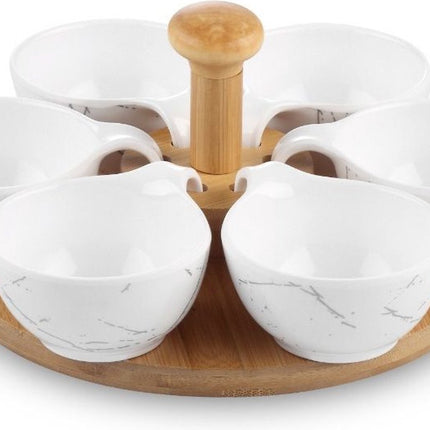 Hapjes tapas Draaiplateau hout met wit melamine schaaltjes - serveerplank Borrelplank