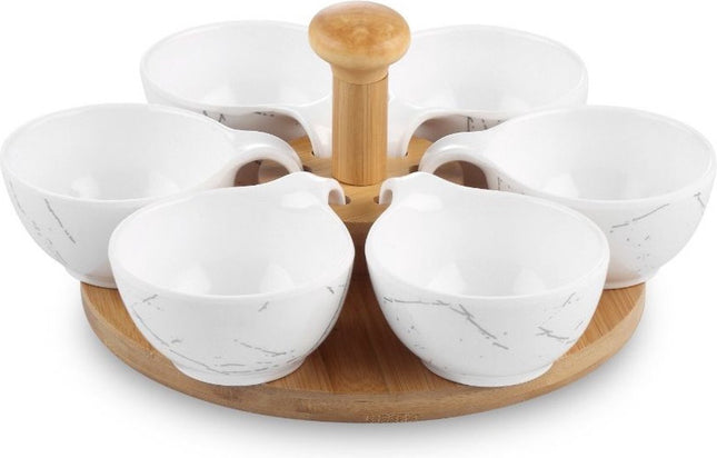 Hapjes tapas Draaiplateau hout met wit melamine schaaltjes - serveerplank Borrelplank