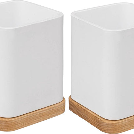 5Five tandenborstelhouder/organizer - 2x stuks - wit - 10 x 8 cm - bamboe - tandenborstel beker