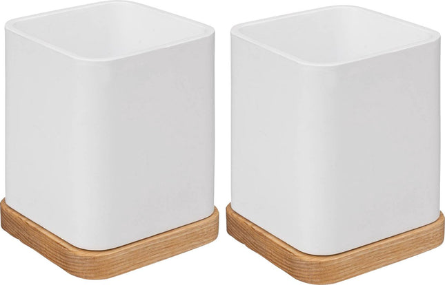 5Five tandenborstelhouder/organizer - 2x stuks - wit - 10 x 8 cm - bamboe - tandenborstel beker