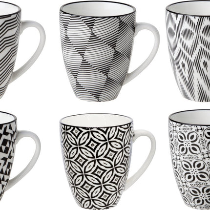 Cosy & Trendy Kopjes/bekers Nikko - set van 12x stuks - zwart/wit - 19 cl - koffiekopjes - theekopjes - koffie/thee bekers