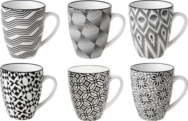 Cosy & Trendy Kopjes/bekers Nikko - set van 12x stuks - zwart/wit - 19 cl - koffiekopjes - theekopjes - koffie/thee bekers